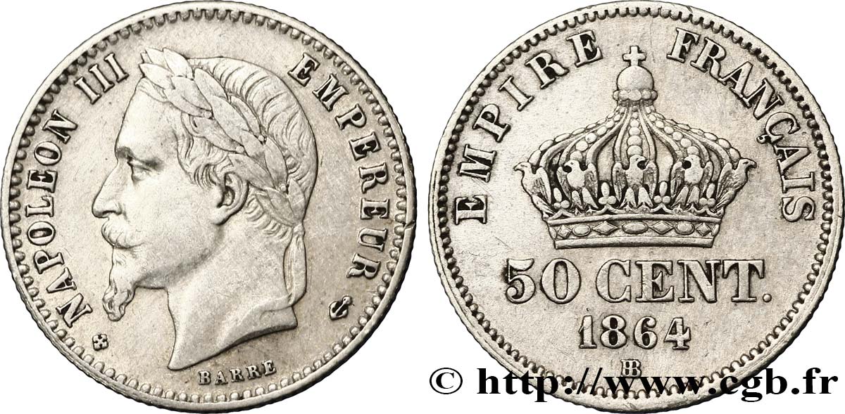 50 centimes Napoléon III, tête laurée 1864 Strasbourg F.188/3 XF45 
