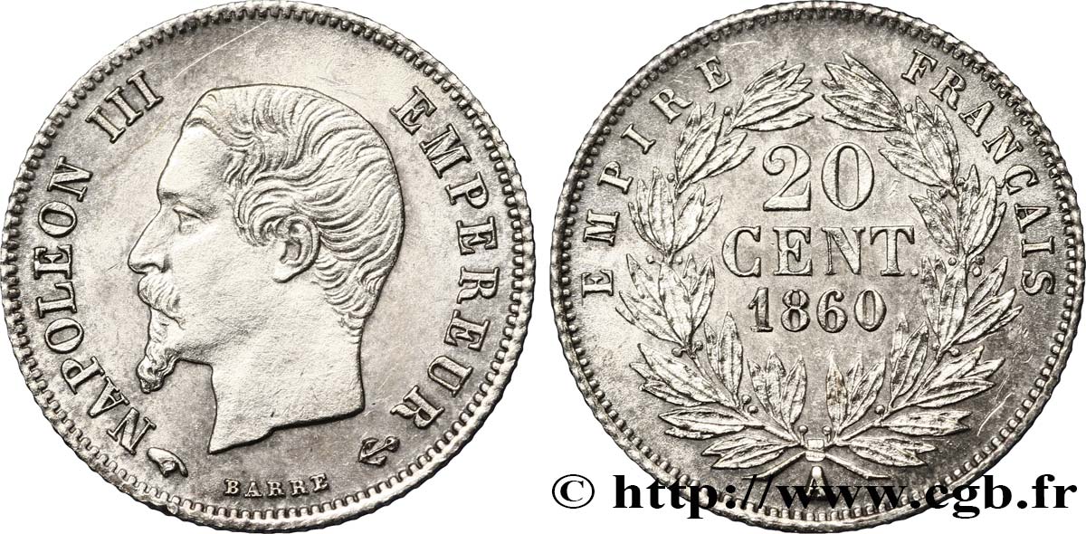 20 centimes Napoléon III, tête nue 1860 Paris F.148/14 MS62