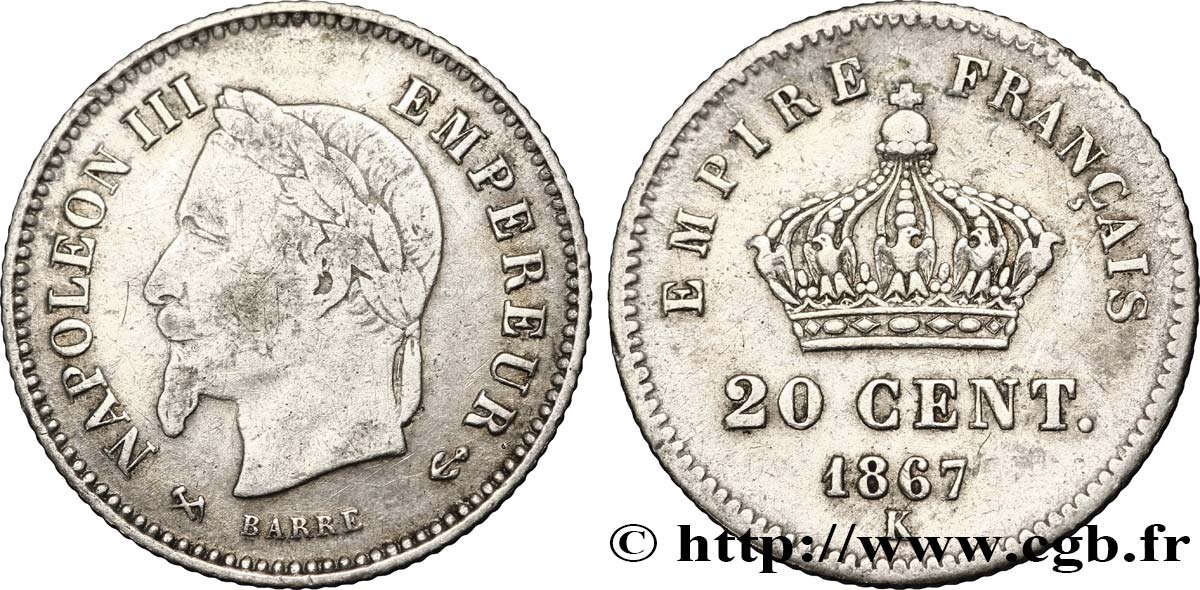 20 centimes Napoléon III, tête laurée, grand module 1867 Bordeaux F.150/3 F12 