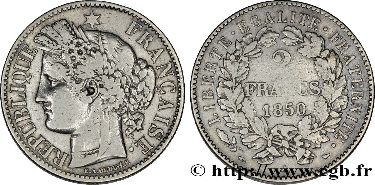 2 francs Cérès, IIe République 1850 Paris F.261/4 VF30 