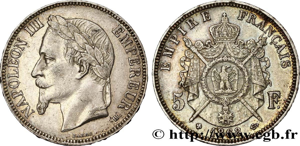 5 francs Napoléon III, tête laurée 1868 Strasbourg F.331/13 XF45 
