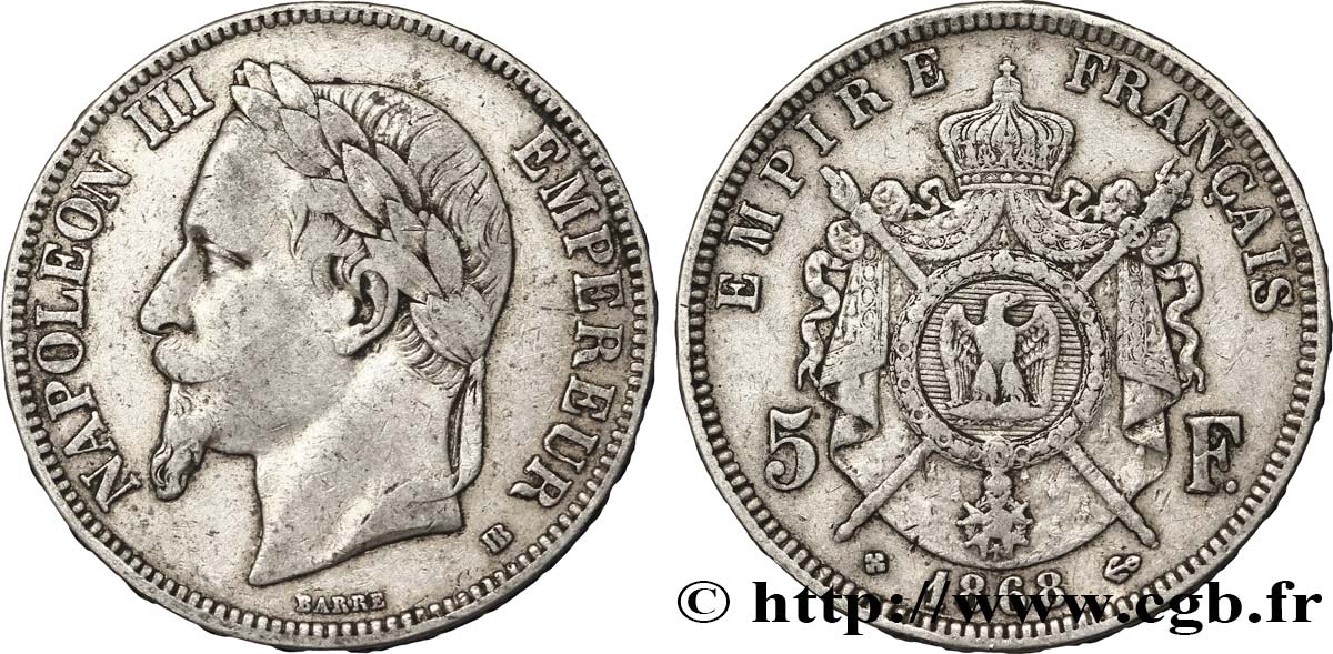 5 francs Napoléon III, tête laurée 1868 Strasbourg F.331/13 TB35 