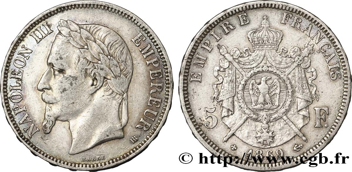 5 francs Napoléon III, tête laurée 1869 Strasbourg F.331/15 TTB40