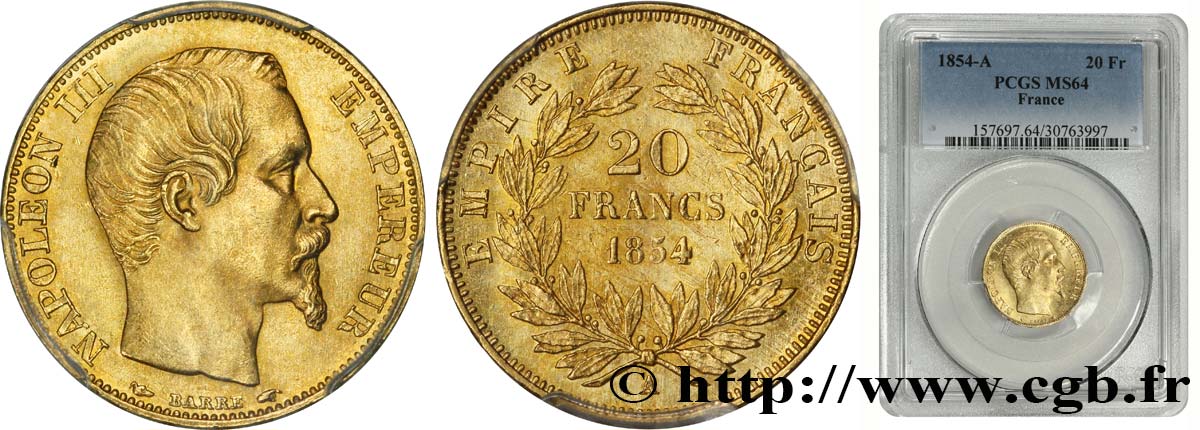 20 francs or Napoléon III, tête nue 1854 Paris F.531/2 SPL64 PCGS