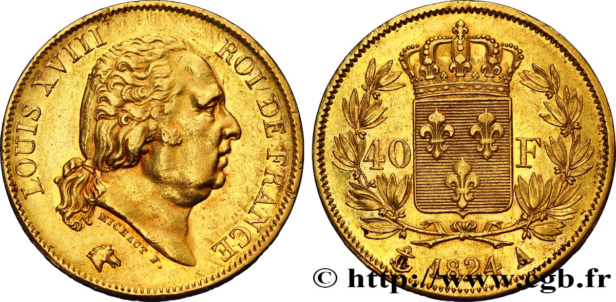 40 francs or Louis XVIII 1824 Paris F.542/16 AU50 