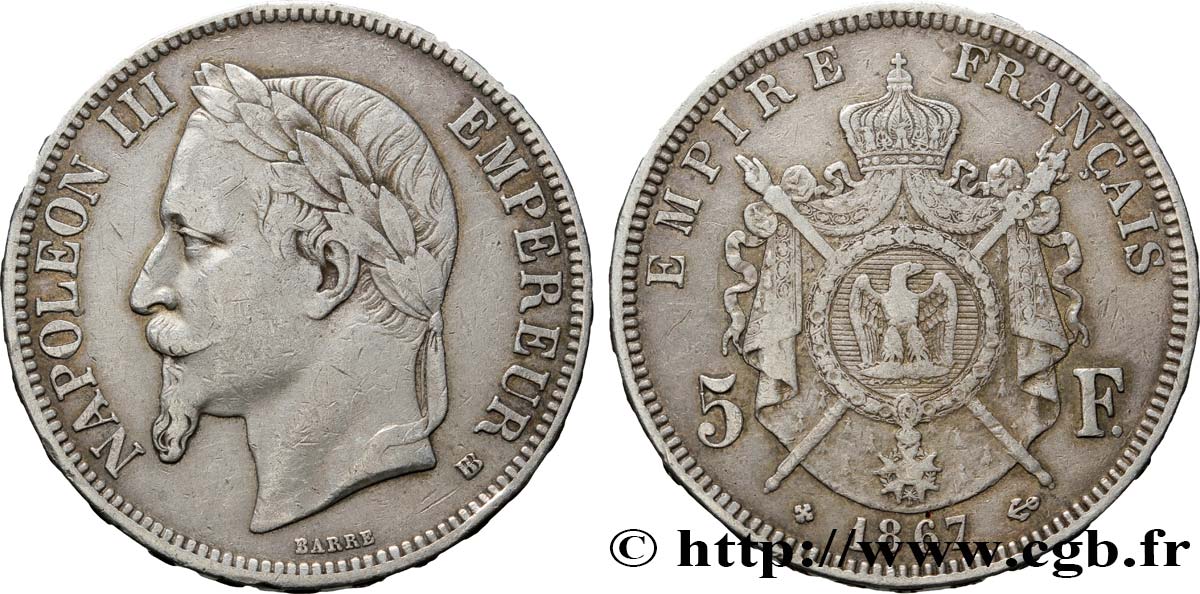5 francs Napoléon III, tête laurée 1867 Strasbourg F.331/11 MBC45 