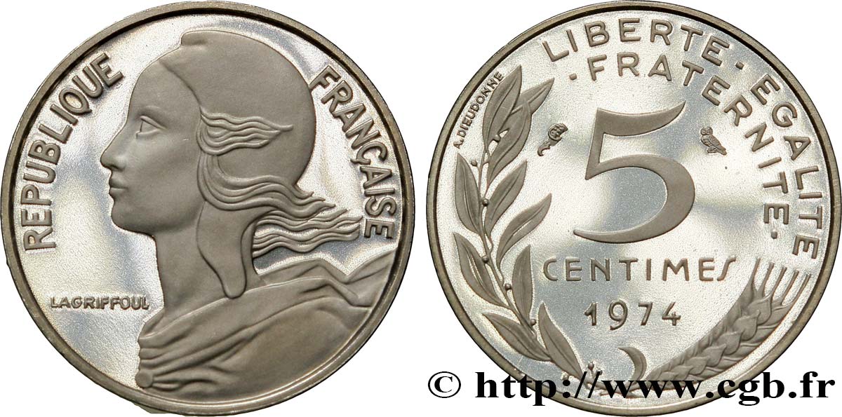 Piéfort argent de 5 centimes Marianne 1974 Paris F.125/10P MS65 