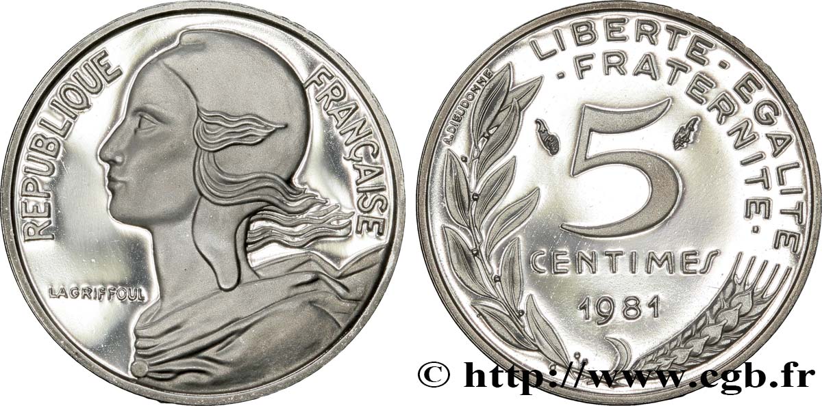 Piéfort argent de 5 centimes Marianne 1981 Paris F.125/17P MS65 