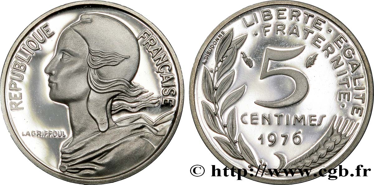 Piéfort argent de 5 centimes Marianne 1976 Paris F.125/12P SPL64