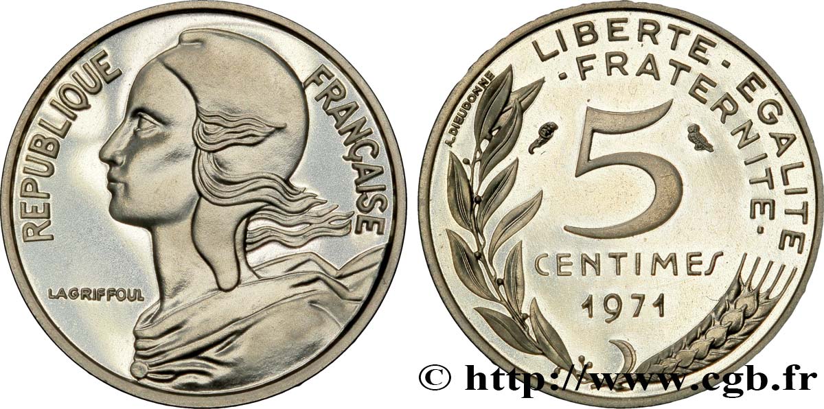 Piéfort argent de 5 centimes Marianne 1971 Paris F.125/7P MS65 