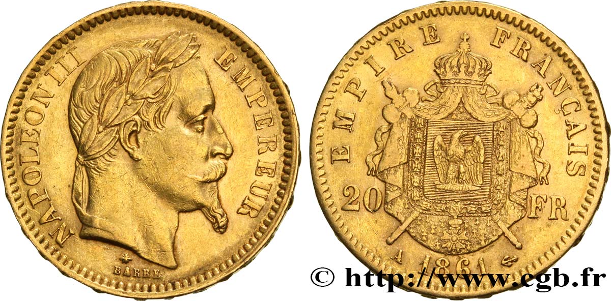 20 francs or Napoléon III, tête laurée 1861 Paris F.532/1 SS40