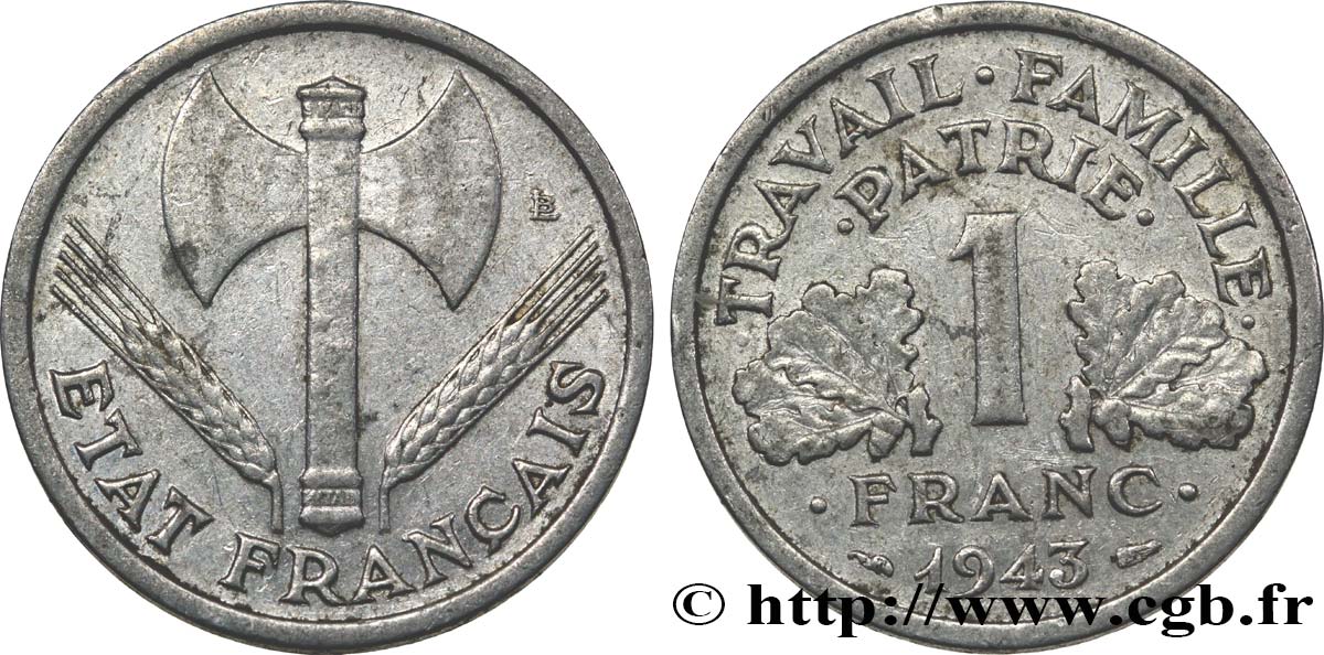 1 franc Francisque, légère, frappe médaille 1943 Paris F.223/3 var. BB45 