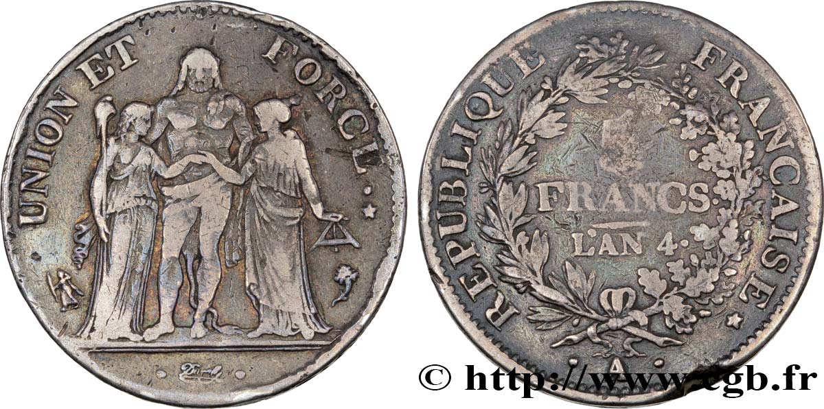 5 francs Union et Force, Union serré, avec glands, listel par virole 1796 Paris F.287/1 TB30 