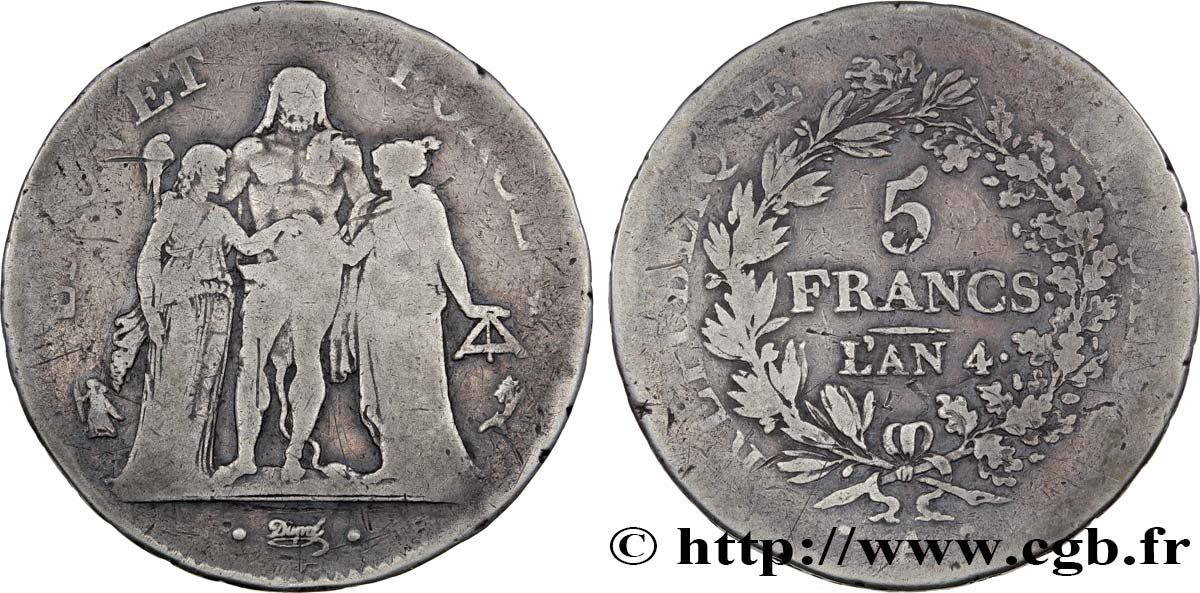 5 francs Union et Force, Union serré, avec glands intérieurs et gland extérieur 1796 Paris F.288/2 B12 