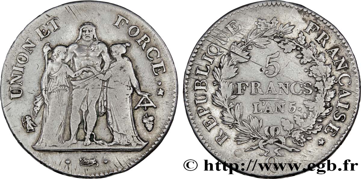 5 francs Union et Force, Union serré, avec glands intérieurs et gland extérieur 1797 Perpignan F.288/25 TB28 