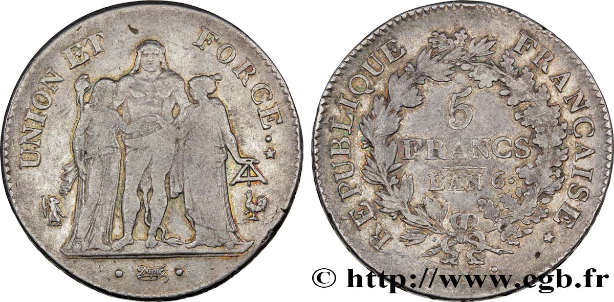 5 francs Union et Force, Union serré, avec glands intérieurs et gland extérieur 1798 Paris F.288/33 BC30 