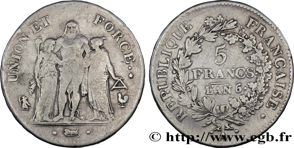 5 francs Union et Force, Union serré, avec glands intérieurs et gland extérieur 1798 Paris F.288/37 VF20 