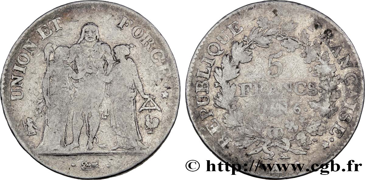 5 francs Union et Force, Union serré, avec glands intérieurs et gland extérieur 1798 Paris F.288/42 BC15 