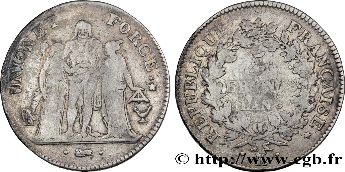 5 francs Union et Force, Union serré, avec glands intérieurs et gland extérieur 1798 Bordeaux F.288/55 B13 