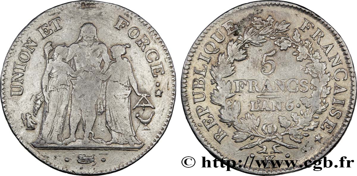 5 francs Union et Force, Union serré, avec glands intérieurs et gland extérieur 1798 Bordeaux F.288/59 MB20 