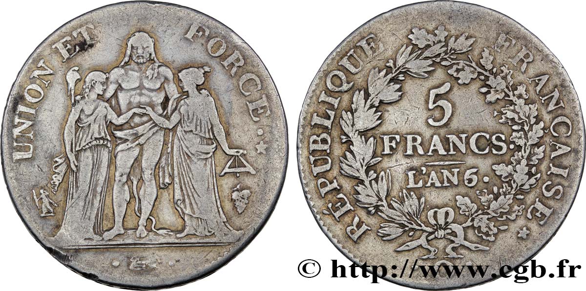 5 francs Union et Force, Union serré, avec glands intérieurs et gland extérieur 1798 Perpignan F.288/81 VF35 