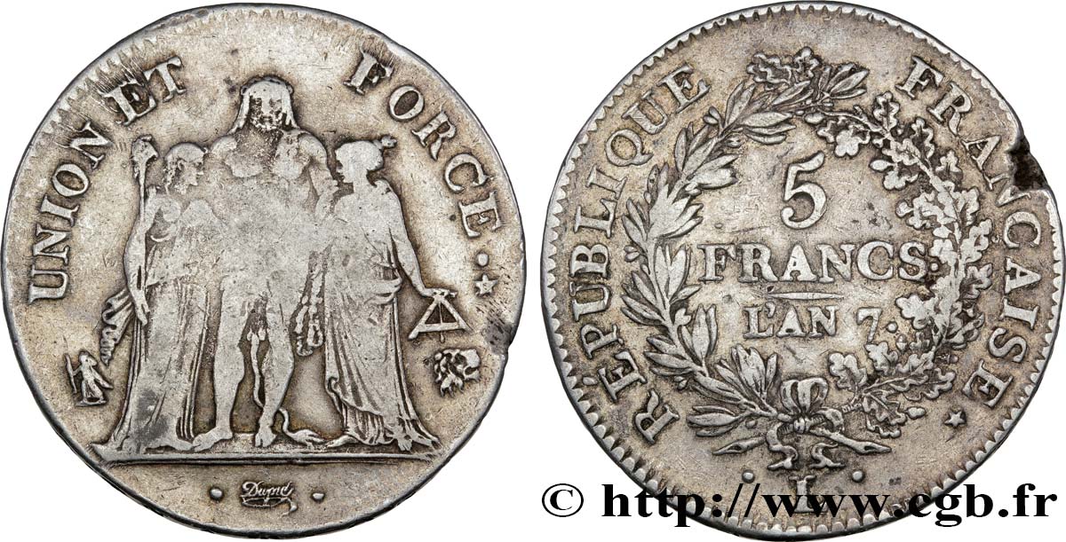 5 francs Union et Force, Union serré, avec glands intérieurs et gland extérieur 1799 Bayonne F.288/111 TB28 