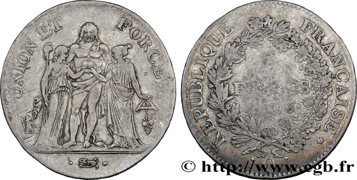5 francs Union et Force, Union serré, avec gland intérieur du bas et gland extérieur 1798 Perpignan F.288/78 TB20 