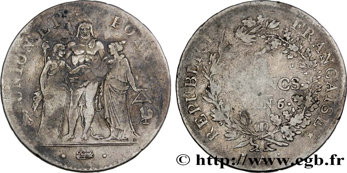 5 francs Union et Force, Union desserré, avec glands intérieurs et gland extérieur 1798 Paris F.291/17 TB25 
