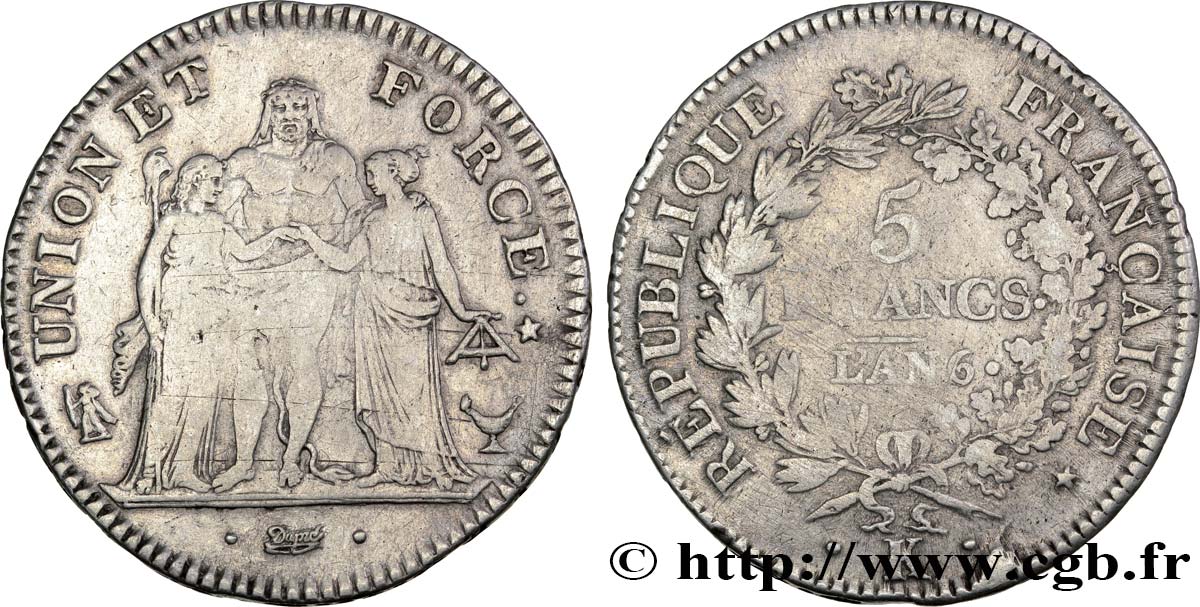 5 francs Union et Force, Union desserré, avec gland intérieur du bas et gland extérieur 1798 Bordeaux F.291/20 TB25 