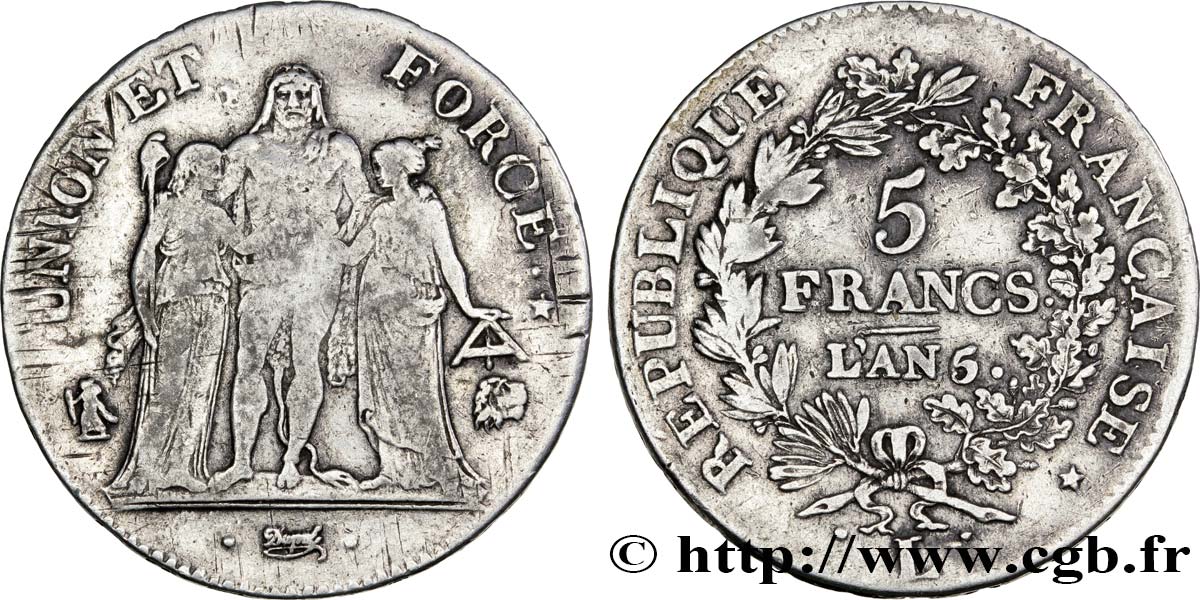 5 francs Union et Force, Union serré, seulement gland extérieur 1798 Bayonne F.288/70 TB28 