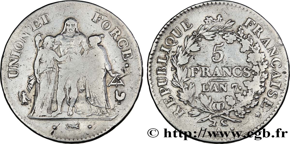 5 francs Union et Force, Union serré, seulement gland extérieur 1799 Paris F.288/101 TB18 