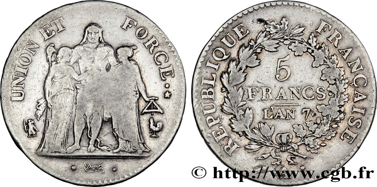 5 francs Union et Force, Union serré, seulement gland extérieur 1799 Paris F.288/102 TB20 
