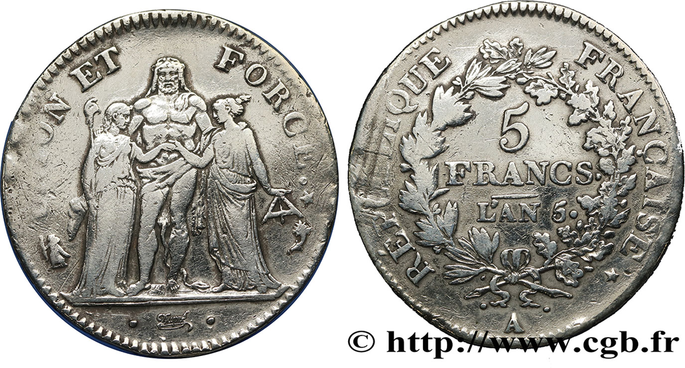 5 francs Union et Force, Union desserré, seulement gland extérieur 1797 Paris F.291/6 MB25 