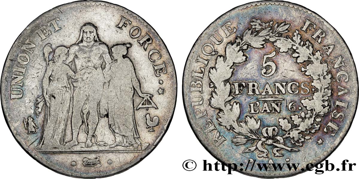 5 francs Union et Force, Union serré, glands intérieurs, gland extérieur, petite feuille 1798 Paris F.288/33 TB22 