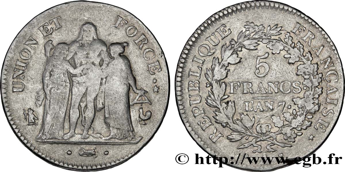 5 francs Union et Force, Union serré, gland intérieur haut, gland extérieur, petite feuille 1799 Paris F.288/100 VF25 