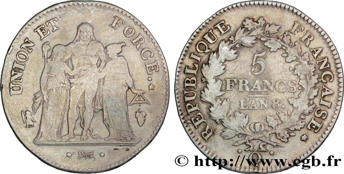 5 francs Union et Force, Union serré, avec glands intérieurs et gland extérieur 1800 Perpignan F.288/149 VF25 