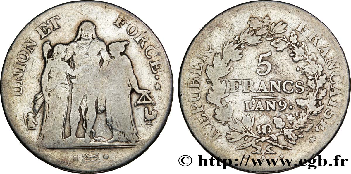 5 francs Union et Force, Union serré, avec glands intérieurs et gland extérieur 1801 Paris F.288/155 S18 