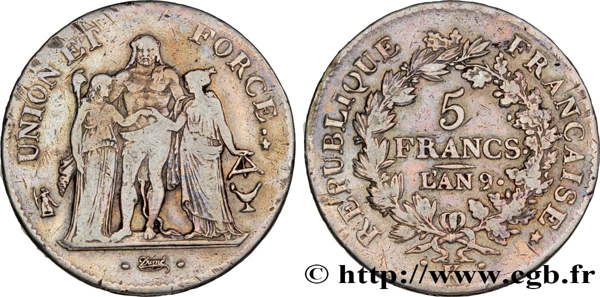 5 francs Union et Force, Union serré, avec glands intérieurs et gland extérieur 1801 Bordeaux F.288/159 VF35 
