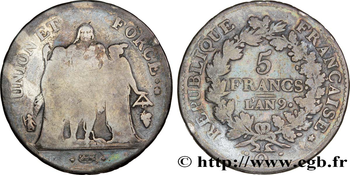 5 francs Union et Force, Union serré, avec glands intérieurs et gland extérieur 1801 Perpignan F./ B13 