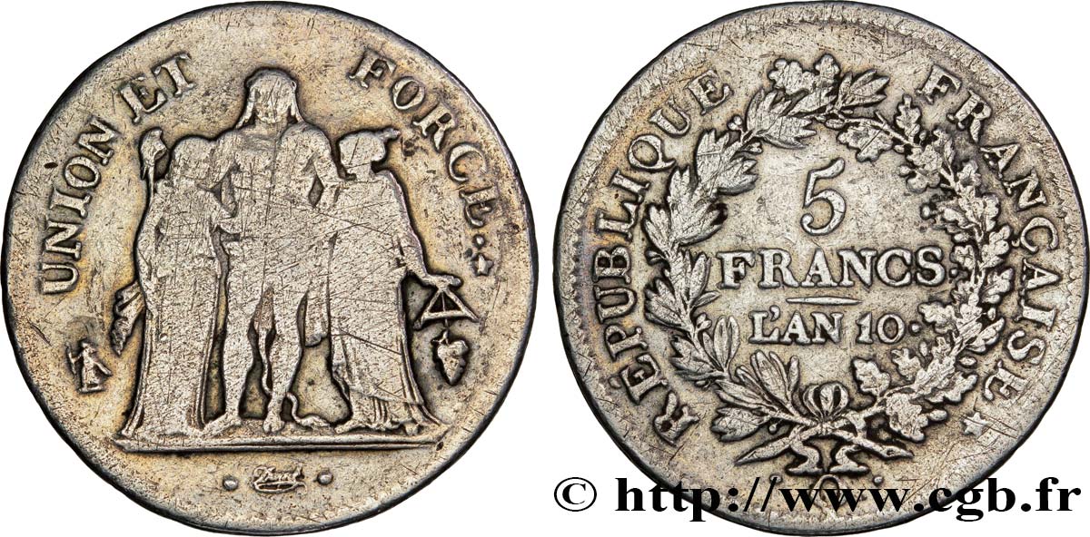 5 francs Union et Force, Union serré, avec glands intérieurs et gland extérieur 1802 Perpignan F.288/183 S20 