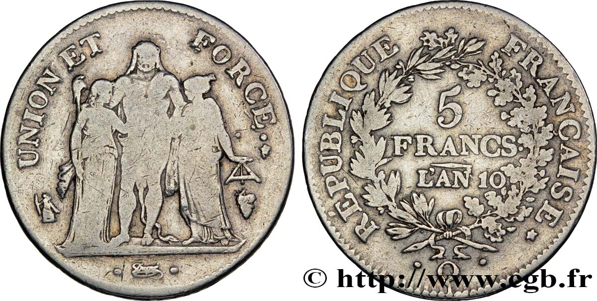 5 francs Union et Force, Union serré, avec glands intérieurs et gland extérieur 1802 Perpignan F.288/184 MB18 