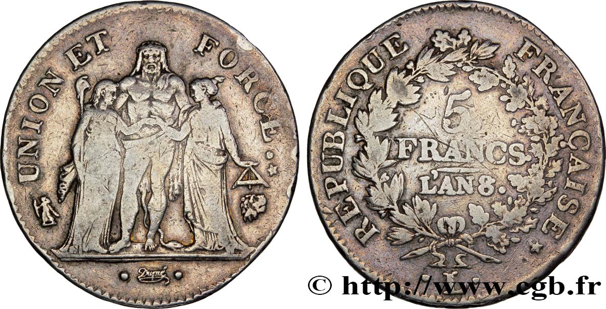 5 francs Union et Force, Union desserré, avec glands intérieurs et gland extérieur 1800 Bayonne F.291/39 var. TB30 
