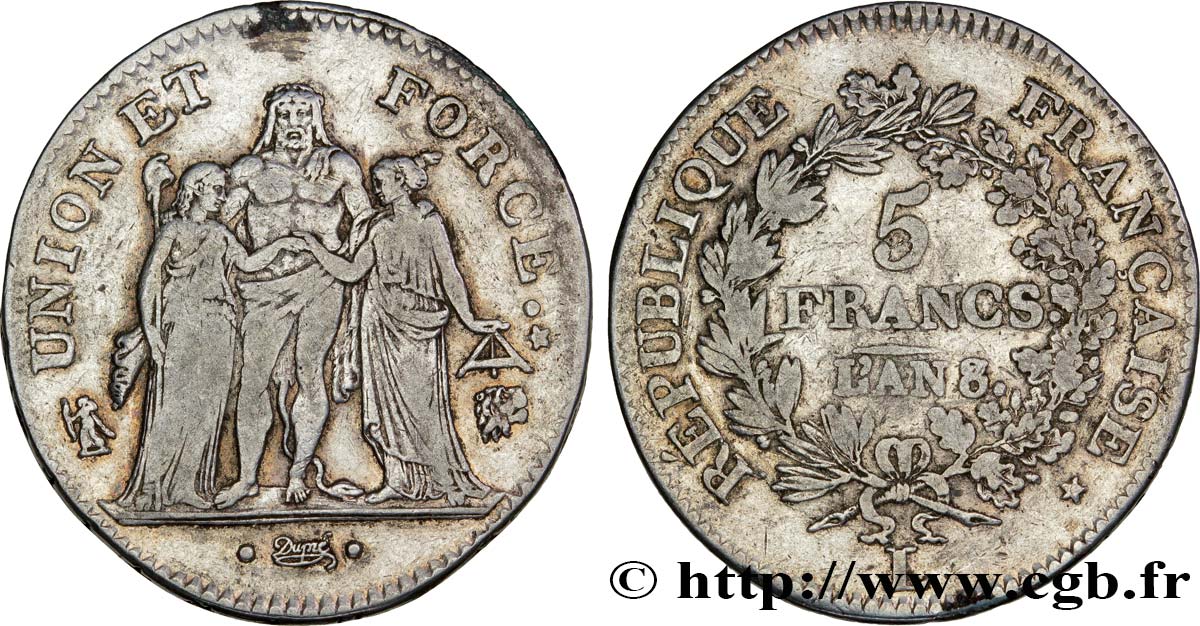 5 francs Union et Force, Union desserré, avec glands intérieurs et gland extérieur 1800 Bayonne F.291/39 var. VF35 