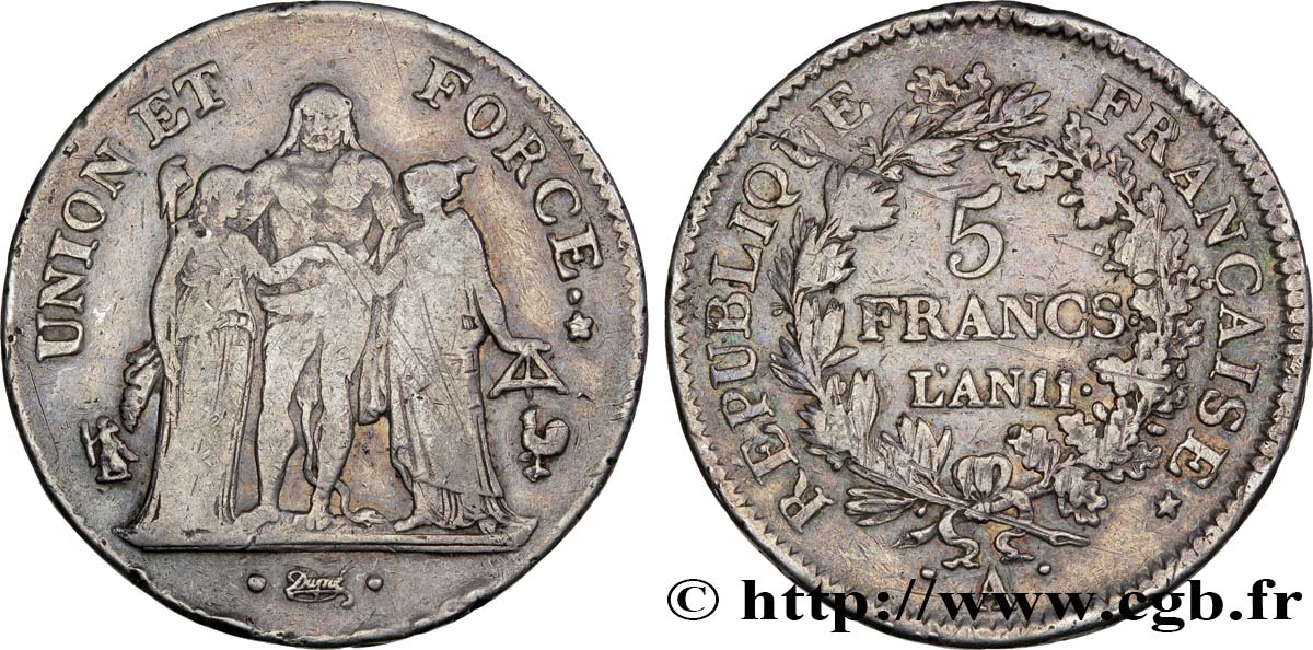 5 francs Union et Force, Union serré, seulement glands intérieurs 1803 Paris F.288/190 VF35 
