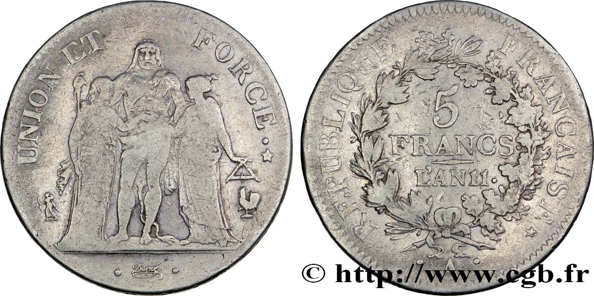 5 francs Union et Force, Union serré, seulement glands intérieurs 1803 Paris F.288/191 VF25 