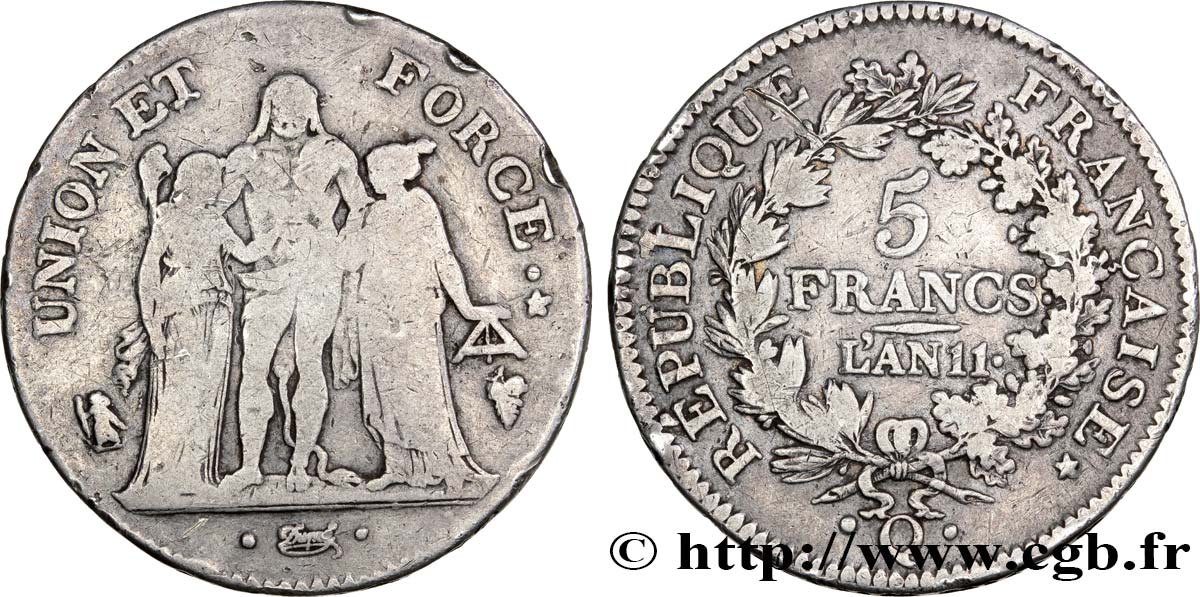 5 francs Union et Force, Union serré, seulement glands intérieurs 1803 Perpignan F.288/197 TB18 