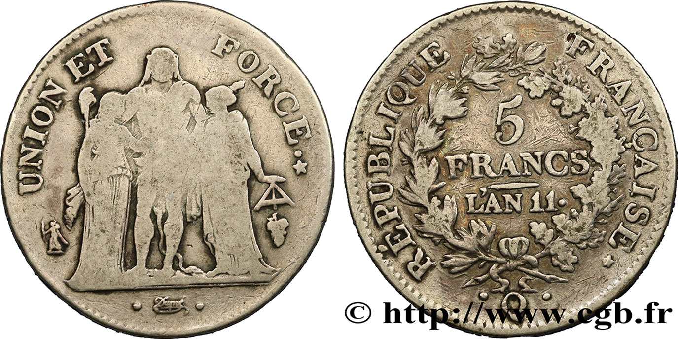 5 francs Union et Force, Union serré, seulement glands intérieurs 1803 Perpignan F.288/198 SGE13 
