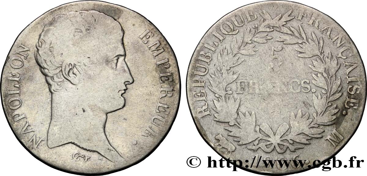 5 francs Napoléon Empereur, Calendrier grégorien 1806 Toulouse F.304/8 S15 