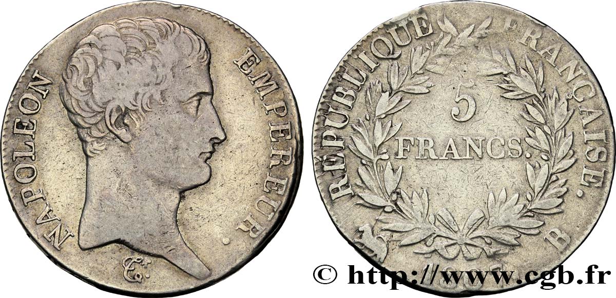 5 francs Napoléon Empereur, Calendrier grégorien 1807 Rouen F.304/12 TB30 