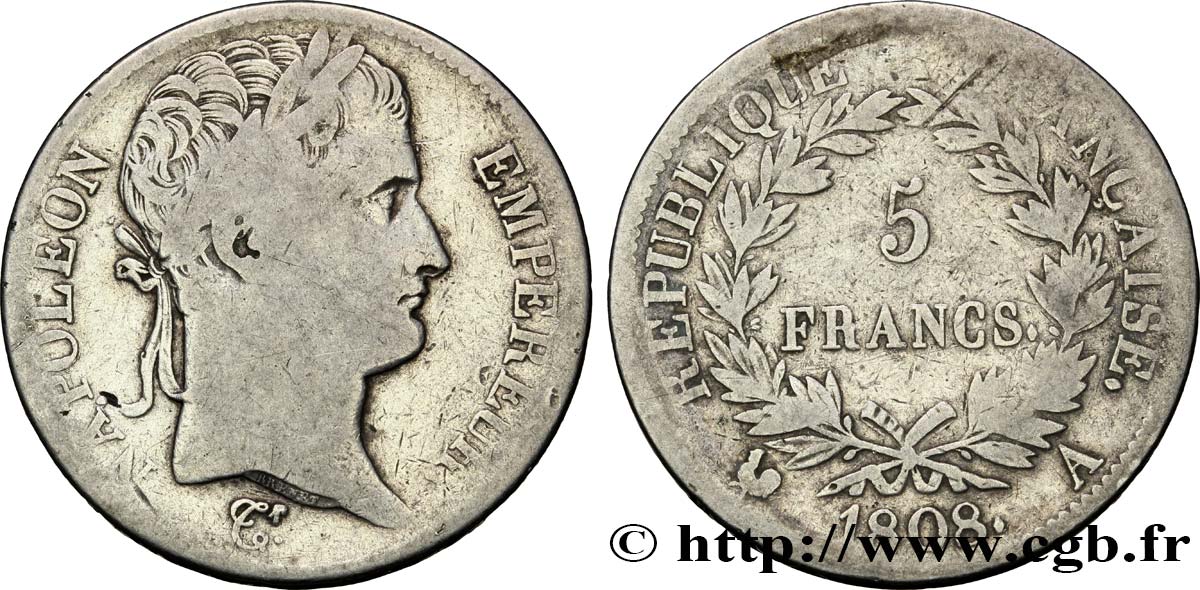 5 francs Napoléon Empereur, République française 1808 Paris F.306/2 B12 